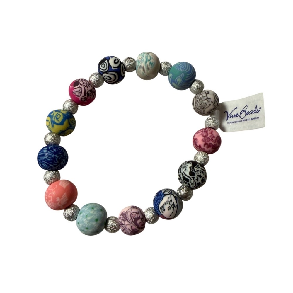 NWT! Viva Beads Handmade Clay Beaded Stretch‎ Bracelet Multicolor Patterned